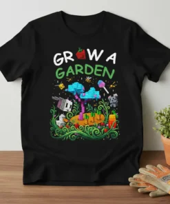 Pixel art "Grow A Garden" text with Minecraft-inspired gardening graphics on a black t-shirt