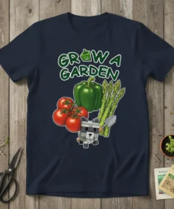 Grow A Garden T-Shirt featuring a pixelated raccoon, tomatoes, bell pepper, asparagus, and a shovel