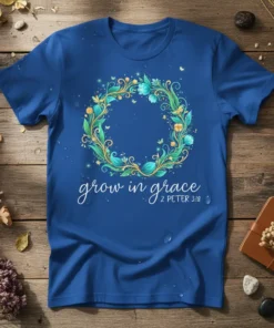Christian t-shirt with "grow in grace 2 Peter 3:18" text and a floral wreath design