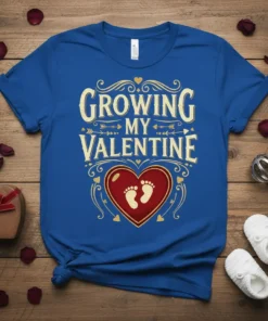 Growing My Valentine pregnancy announcement t-shirt design with baby footprints inside a heart graphic