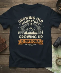 Growing Old Is Mandatory Growing Up Is Optional quote on a navy t-shirt with mountain and forest graphic