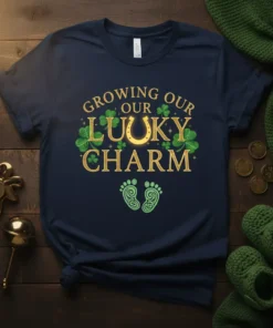 Growing Our Lucky Charm text with horseshoe and shamrocks design on a navy t-shirt, featuring baby footprints below