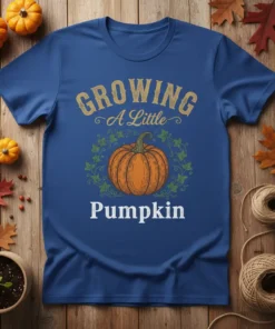 Growing A Little Pumpkin text with a pumpkin graphic on a royal blue t-shirt, perfect for pregnancy announcements