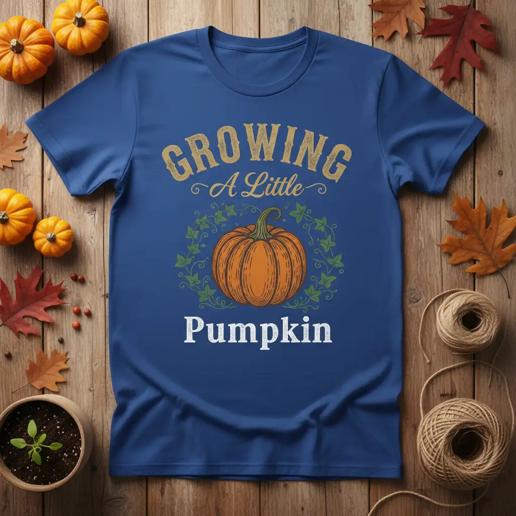 GROWING A Little Pumpkin text with cute pumpkin illustration on a blue tee, ideal for pregnancy announcement