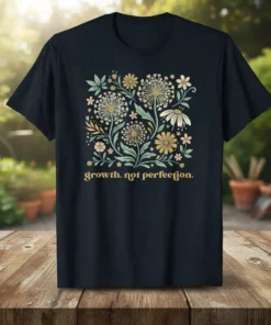 T-shirt with "growth. not perfection." quote and a square floral illustration featuring dandelions and daisies
