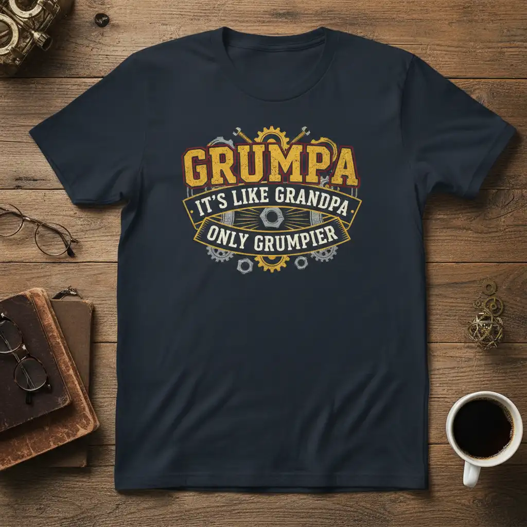 GRUMPA IT'S LIKE GRANDPA ONLY GRUMPIER quote with mechanic graphics on a navy t-shirt