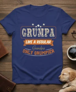 Grumpa Like A Regular Grandpa Only GrumpiER text design on a navy blue t-shirt with vintage distressed font and star