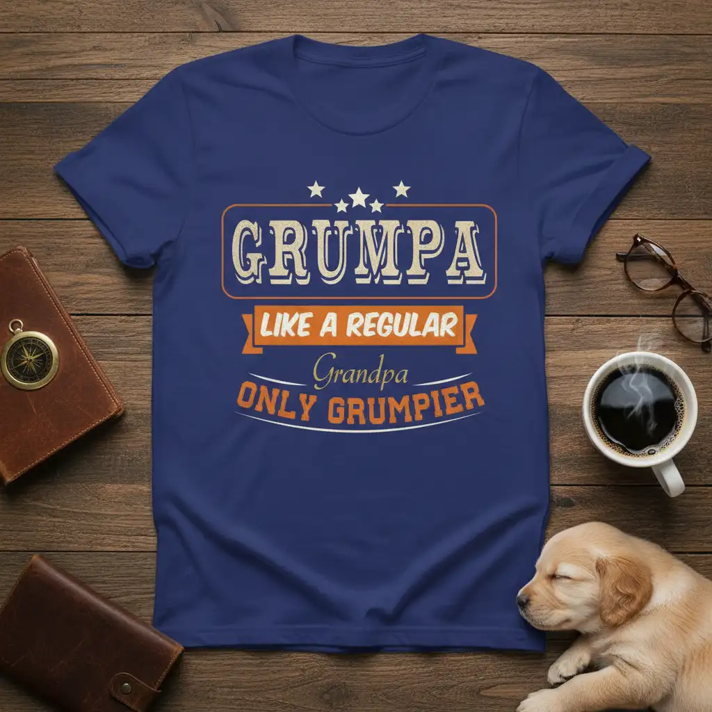Grumpa Like A Regular Grandpa Only GrumpiER quote on a blue t-shirt with vintage typography and graphic elements