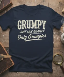 Grumpy Just Like Grampy Only Grumpier text design on a navy blue t-shirt, vintage distressed font