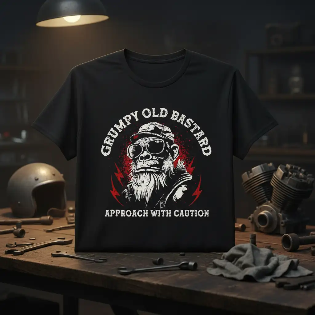 Grumpy Old Bastard Approach With Caution t-shirt featuring a cool, sunglasses-wearing monkey graphic and bold text