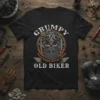 Grumpy old biker skull with beard and goggles, text "GRUMPY never happy unless riding OLD BIKER" on a black t-shirt