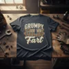 Grumpy Old Fart text design on a dark t-shirt with vintage gears graphic