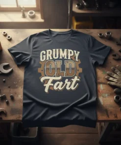 Grumpy Old Fart text design on a dark t-shirt with vintage gears graphic