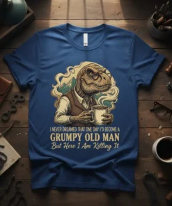 Grumpy old man dinosaur wearing glasses and holding a coffee mug, with text "I NEVER DREAMED THAT ONE DAY I'D