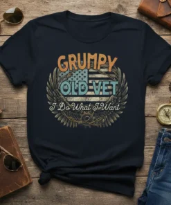 Grumpy Old Vet I Do What I Want t-shirt with American flag, wings, and distressed text