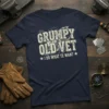 Grumpy Old Vet I Do What Te Want text on a navy t-shirt with eagle graphic and distressed font