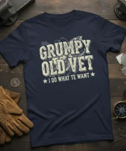 Grumpy Old Vet I Do What Te Want text on a navy t-shirt with eagle graphic and distressed font