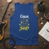 Gsus SAVES guitar chord diagram tank top with yellow accents and white text
