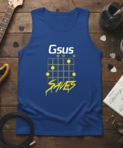 Gsus SAVES guitar chord diagram tank top with yellow accents and white text