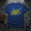 Gtflo. graffiti art design with orange and green abstract elements on a navy blue t-shirt