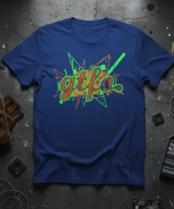 Gtflo. graffiti art design with orange and green abstract elements on a navy blue t-shirt