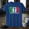 GTL GYM-TAN-LAUNDRY text design with Italian flag colors and fitness icons on a blue t-shirt