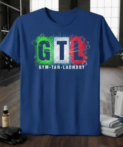 GTL GYM-TAN-LAUNDRY text design with Italian flag colors and fitness icons on a blue t-shirt