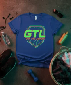 Blue t-shirt with "GTL GYM TAN LAUNDRY" in green and orange neon circuit board design