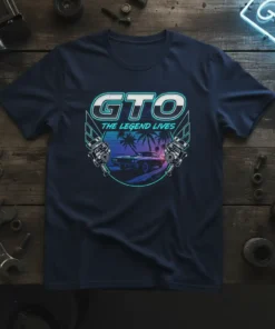 GTO The Legend Lives text with vintage car graphic, palm trees, and engine details on a navy t-shirt