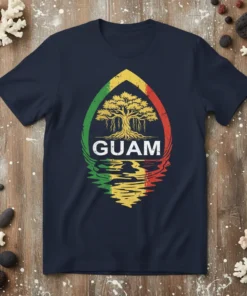 Guam Banyan Tree T-Shirt design with green, yellow, and red border and reflection below