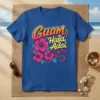 Guam Hafa Adai text with pink hibiscus flowers and tropical leaves on a blue t-shirt