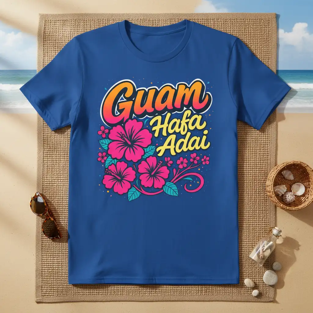 Guam Hafa Adai text with vibrant hibiscus flowers and tropical foliage on a blue shirt