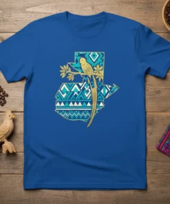 Guatemala map outline t-shirt design with golden quetzal bird and geometric blue patterns, Guatemala Quetzal Map