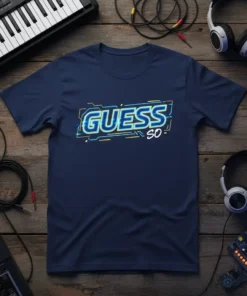Navy blue t-shirt with "GUESS SO" in a retro, neon-inspired font. The design features blue and yellow outlines and circuits