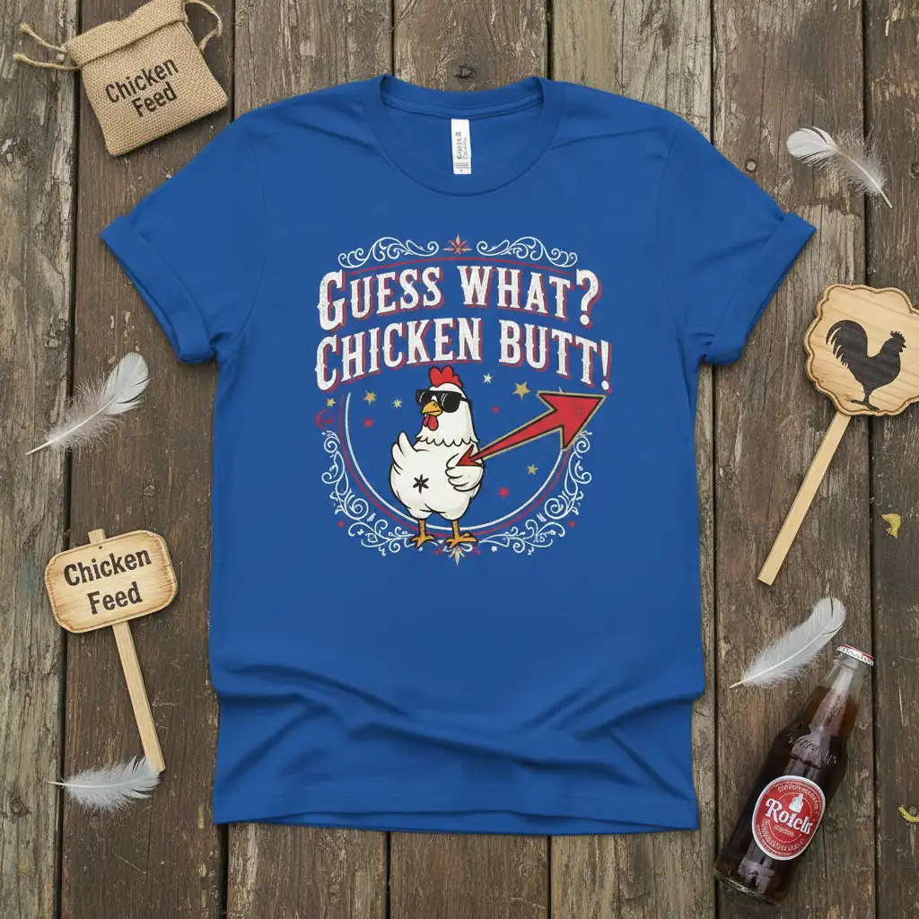 Guess What? Chicken Butt! funny chicken quote t-shirt with a cool cartoon chicken and red arrow design