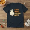 Guess What? Chicken Butt! funny text design with a cartoon chicken showing its backside, on a navy t-shirt