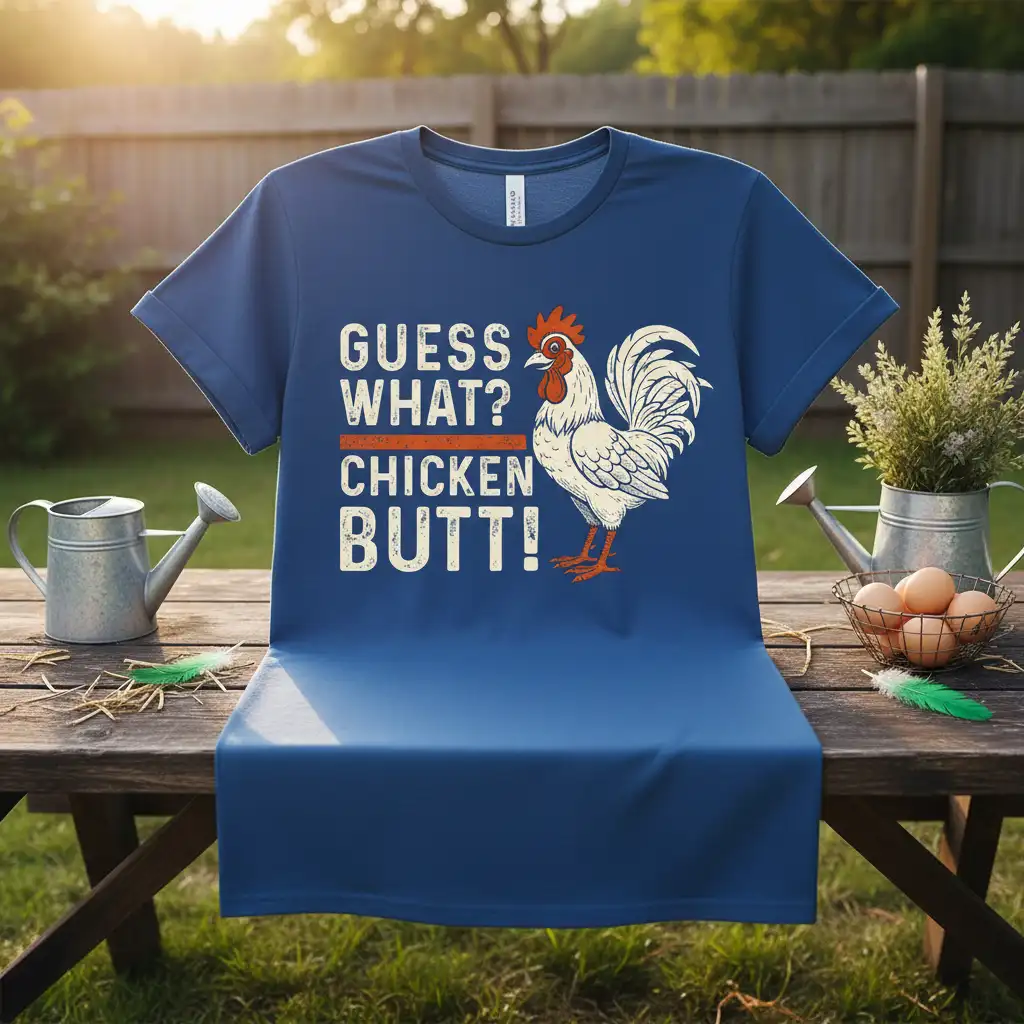 Guess What? Chicken Butt! text with a playful rooster illustration on a blue t-shirt, featuring distressed font
