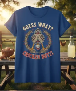 Guess What? Chicken Butt! funny quote t-shirt with a cartoon chicken's rear end design