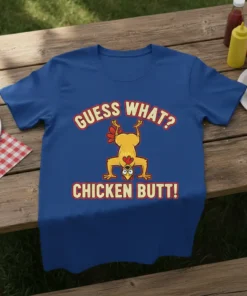 Guess What? Chicken Butt! humorous quote t-shirt with a funny cartoon chicken doing a handstand