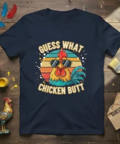 Guess What Chicken Butt t-shirt featuring a retro rooster graphic with sunglasses and vintage sunset background