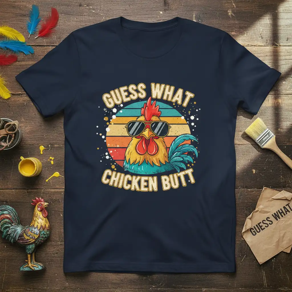 Guess What Chicken Butt humorous quote with a retro rooster wearing sunglasses and a sunset graphic