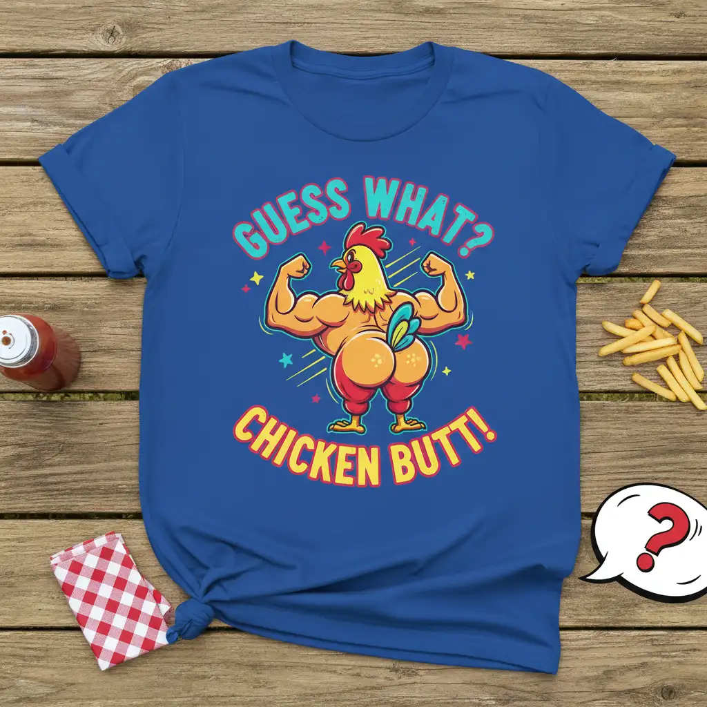 Guess What? Chicken Butt! funny rooster flexing muscles graphic tee design
