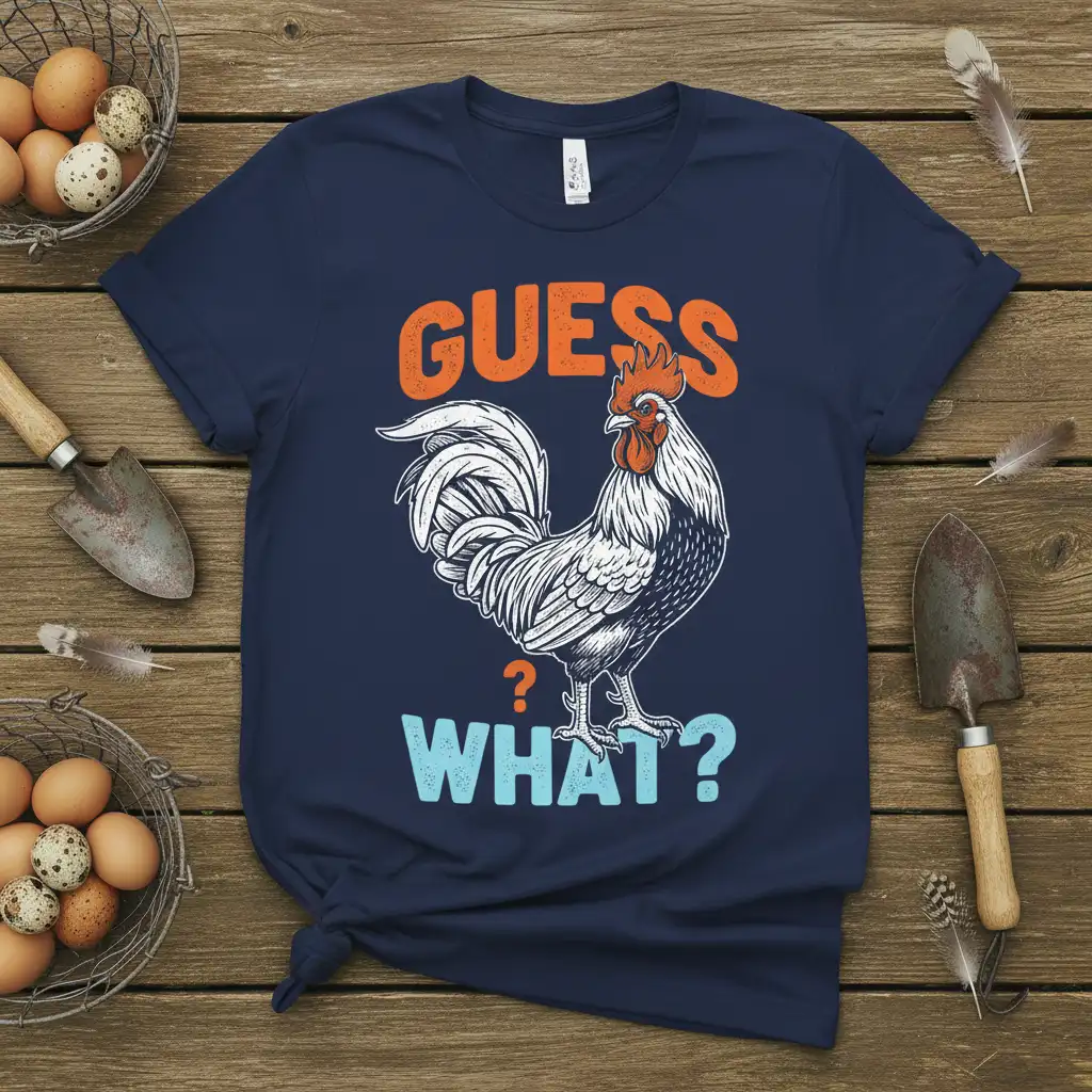 Guess What Chicken Rooster graphic tee with vintage distressed text and a detailed rooster illustration