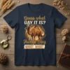 Guess what DAY IT IS? IT'S Hump-Day WHOOT WHOOT text with a camel graphic on a navy t-shirt