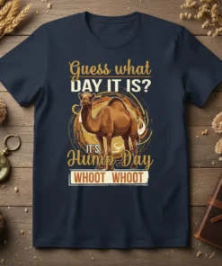 Guess what DAY IT IS? IT'S Hump-Day WHOOT WHOOT text with a camel graphic on a navy t-shirt
