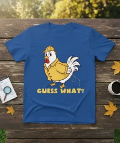 Guess What? funny chicken t-shirt design with a detective chicken and yellow text