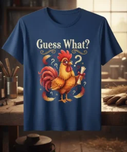 Guess What? graduation chicken t-shirt design with a rooster wearing glasses and holding a diploma