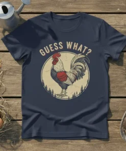 Guess What? rooster t-shirt with vintage farm animal graphic and distressed texture