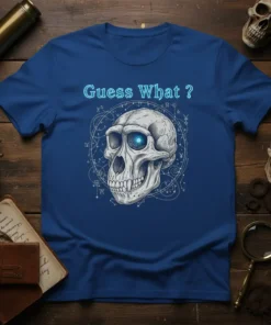 Guess What ? text above a detailed skull graphic with glowing blue eyes on a royal blue t-shirt