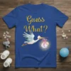 Guess What? pregnancy announcement t-shirt with a stork delivering a baby in a bundle